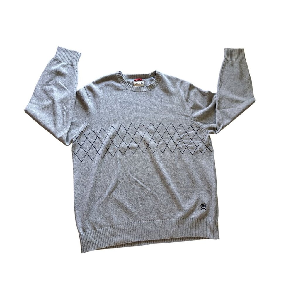 Tommy Hilfiger Crest XL Gray Crewneck Sweater Black Argyle Pattern Ribbed Men's